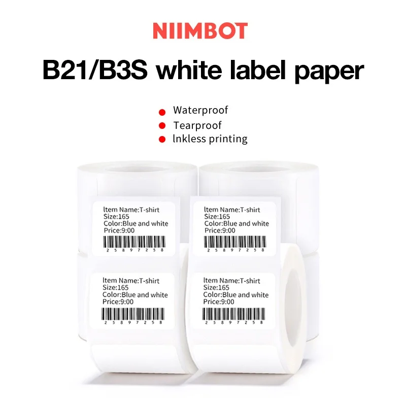 Niimbot B1 B21 B3s 라벨 용지 스티커 Niimbot B1 프린터 용 자체 접착 방수 흰색 라벨 Niimbot B21 프린터