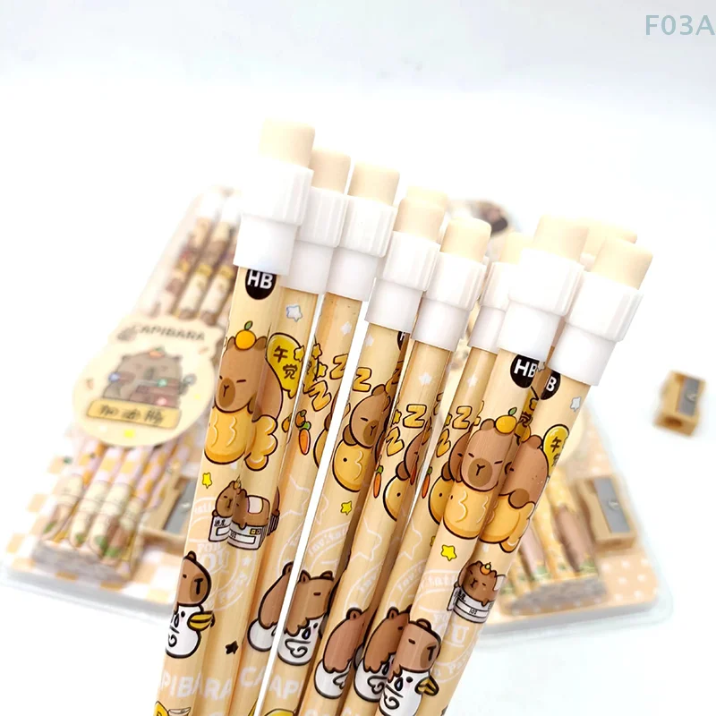 Capybara-Juego de lápices HB de dibujos animados para estudiantes, juego de papelería con sacapuntas, regalo de papelería, 12 piezas