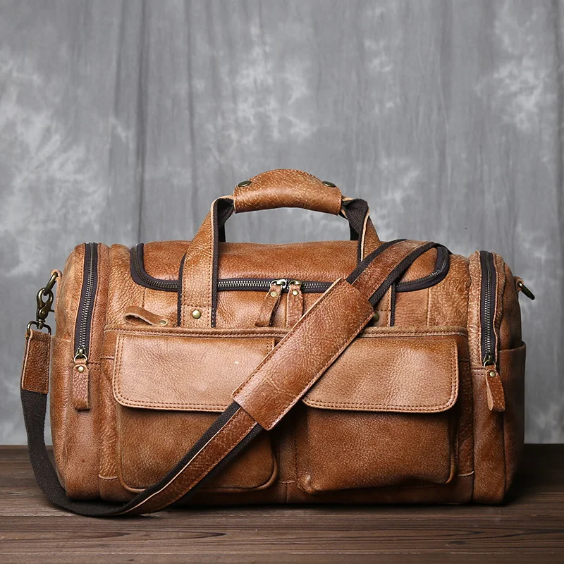 Retro Men 'S First Layer Cowhide ขนาดใหญ่แบบพกพากระเป๋าสะพายหนังกระเป๋าหิ้ว