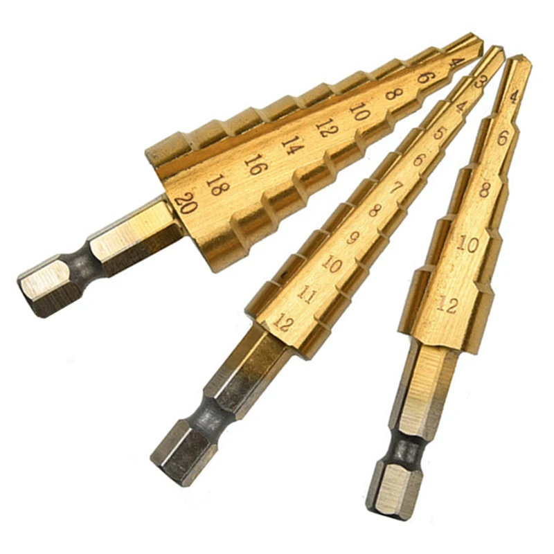 3pc Hexagonal Shank Titanium Plated Ladder Drill Bit Set 3-12/4-12/4-20mm Expanding punching holes Set