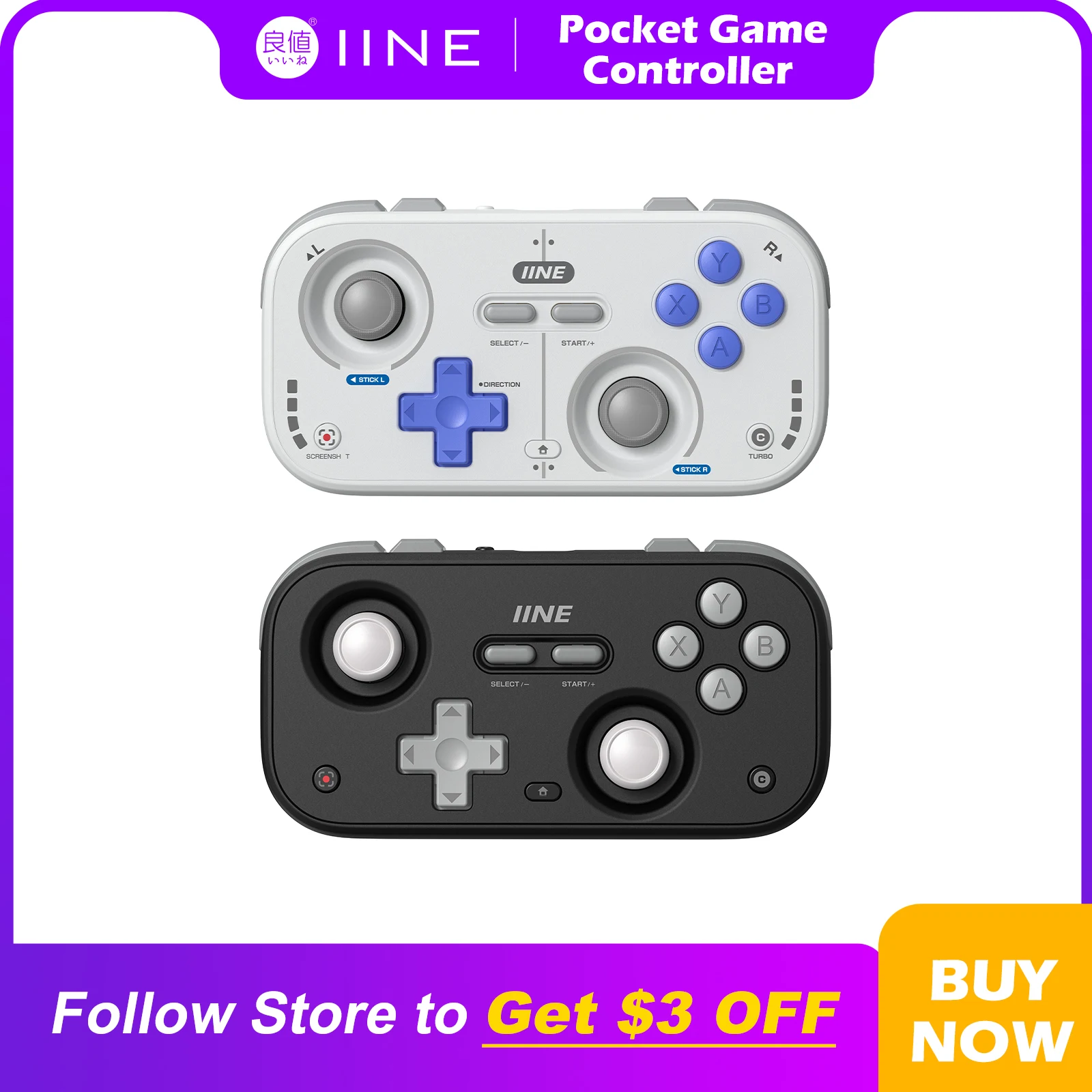 Controlador de juego de bolsillo Retro IINE/Joysticks Hall compactos y portátiles + Joystick empotrado de 1000 Hz Controles personalizables diseñados M