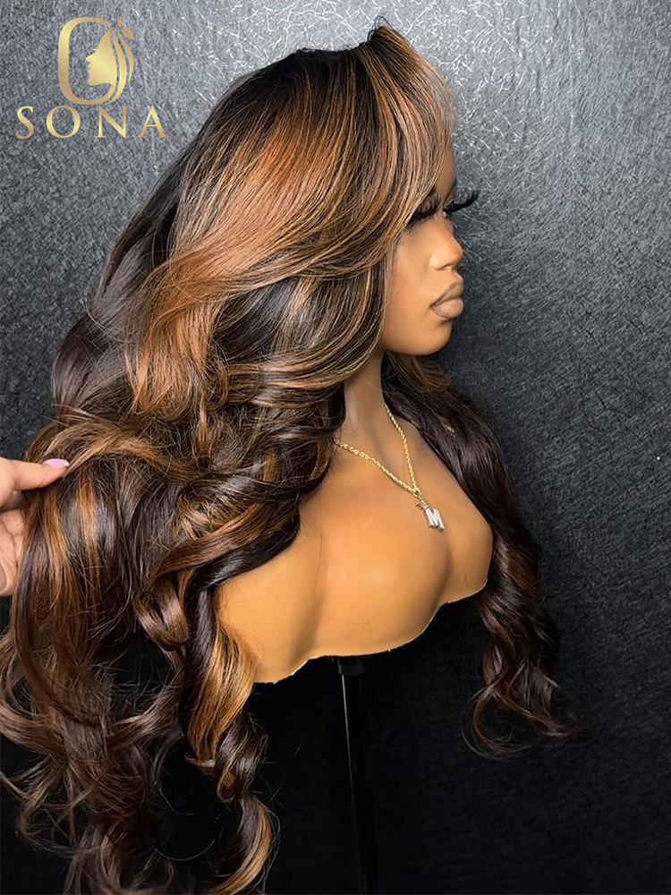 1B/27 HD Transparent 13x4 13x6 dentelle frontale vague de corps perruques de cheveux humains brun rayure reflets miel blond pré plumé pour les femmes