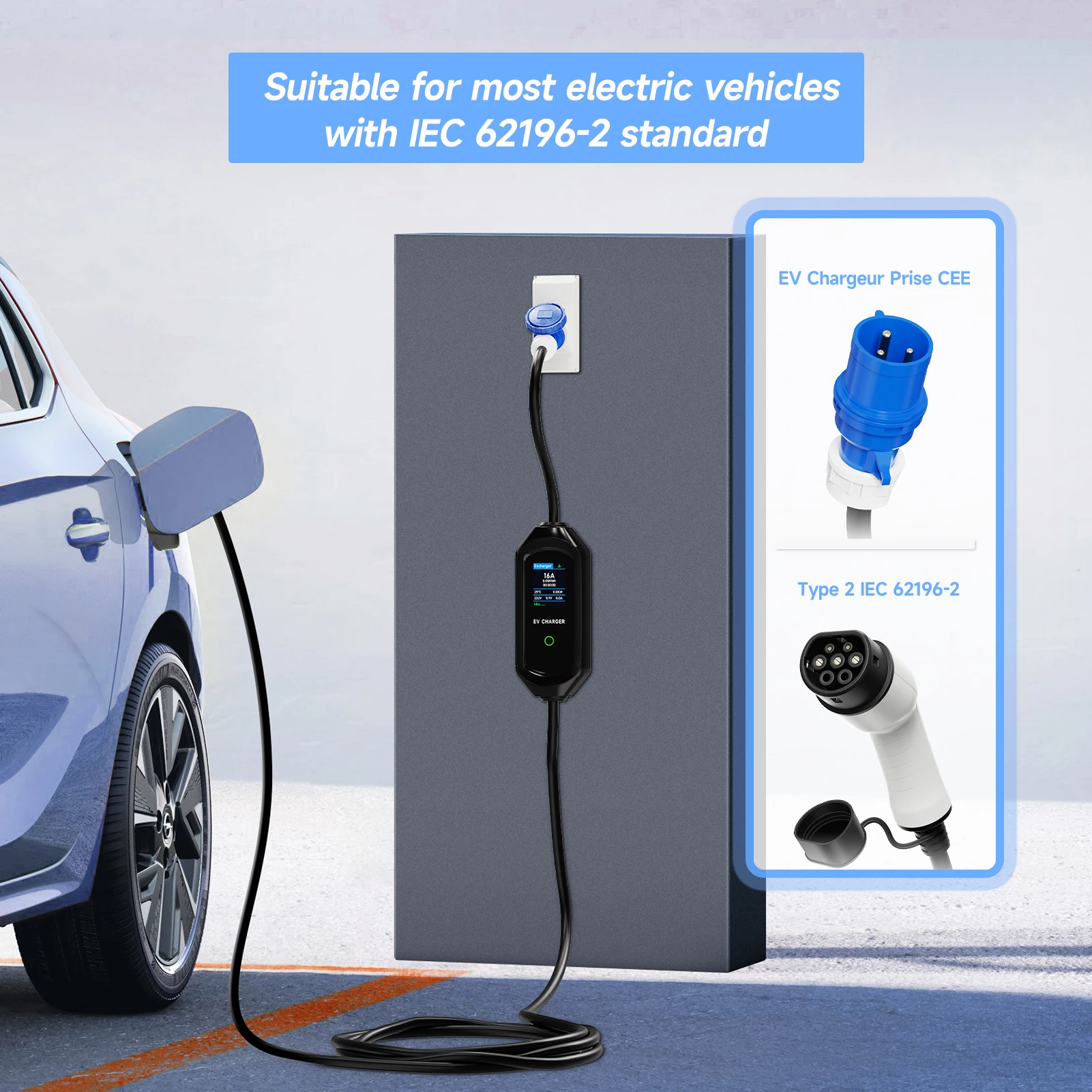 AFEEV tipo 2 cargador EV portátil 7KW 32A 1 fase Wallbox Type1/GBT EVSE Cable de carga rápida enchufe CEE WIFI aplicación Bluetooth Control
