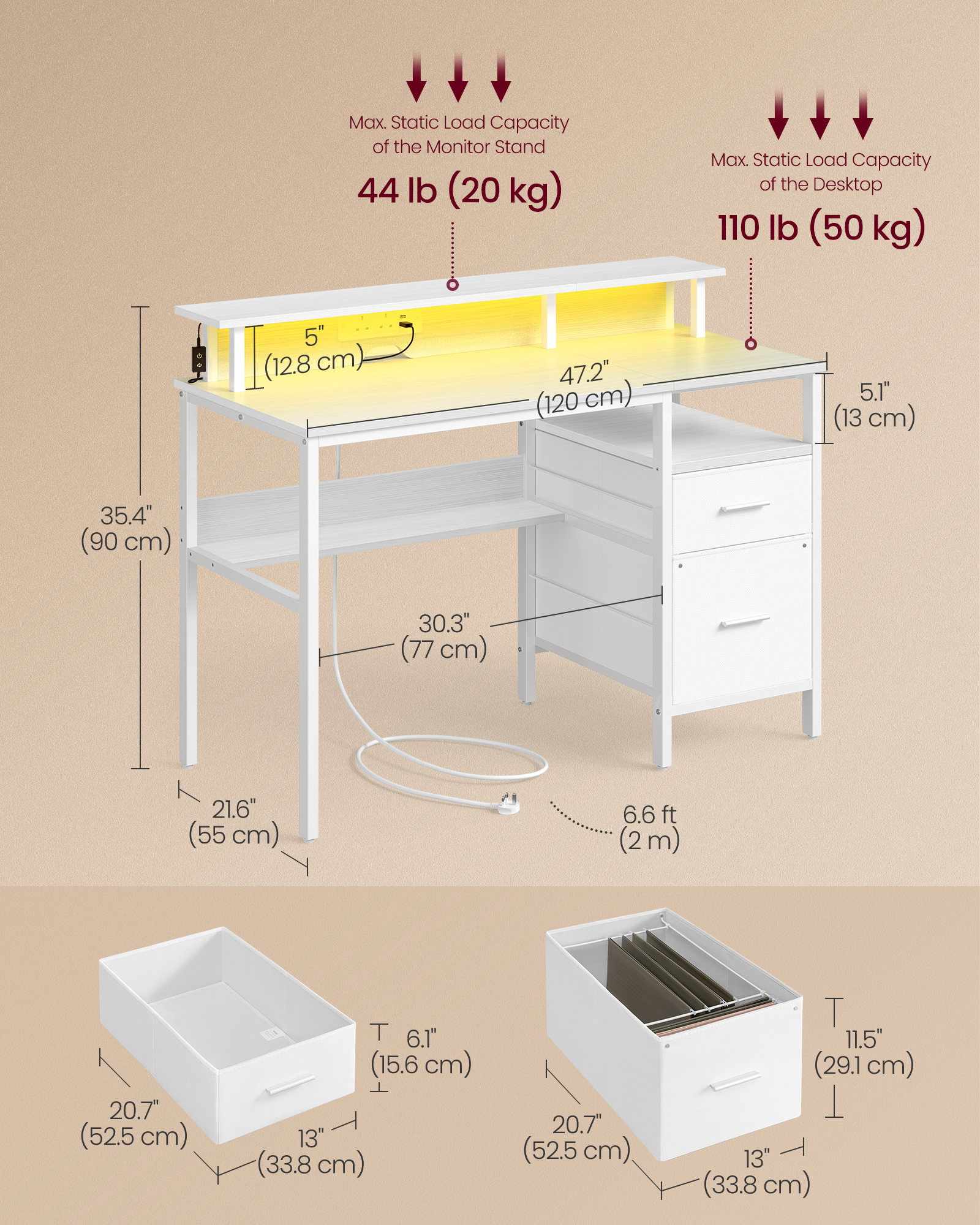 VASAGLE Computer Desk with Fabric Drawers, Study Desk, LED Lighting, 55 x 120 x 90 cm, Built-in Power Outlets, 2 USB-A Ports