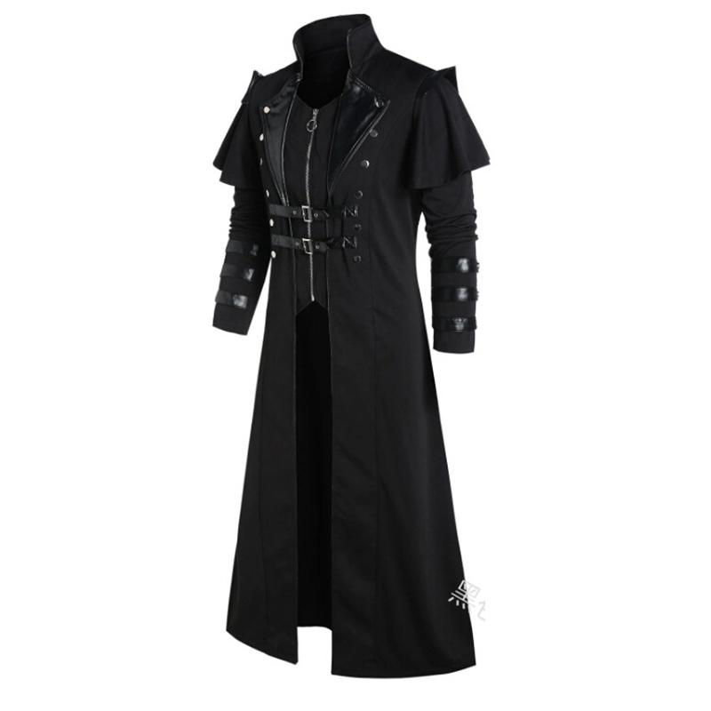 Halloween Medieval Steampunk Assassins Elfen Pirate Kostüm Für Erwachsene Schwarz Vintage Lange Split Jacke Gothic Rüstung Leder Mäntel