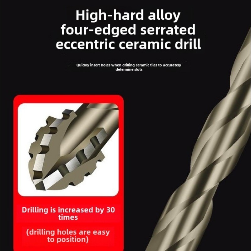 Nova broca excêntrica serrilhada de quatro bordas para perfuração a seco de todas as telhas cerâmicas, vidro, mármore, concreto, pedra de aço inoxidável