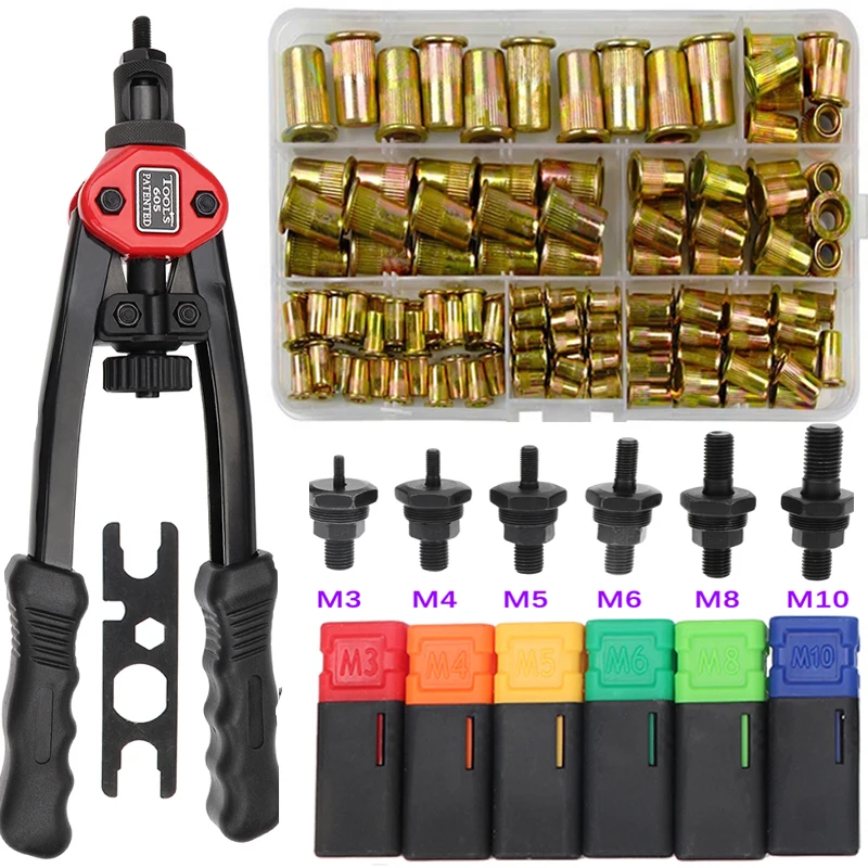 Caixa Flat Head Rivet Nut Gun, Rebitador, Cego, Inser de mão pesada, Mandris manuais, M3, 4, 5, 6, 8, 10, Riveting Set, 150pcs, BT605