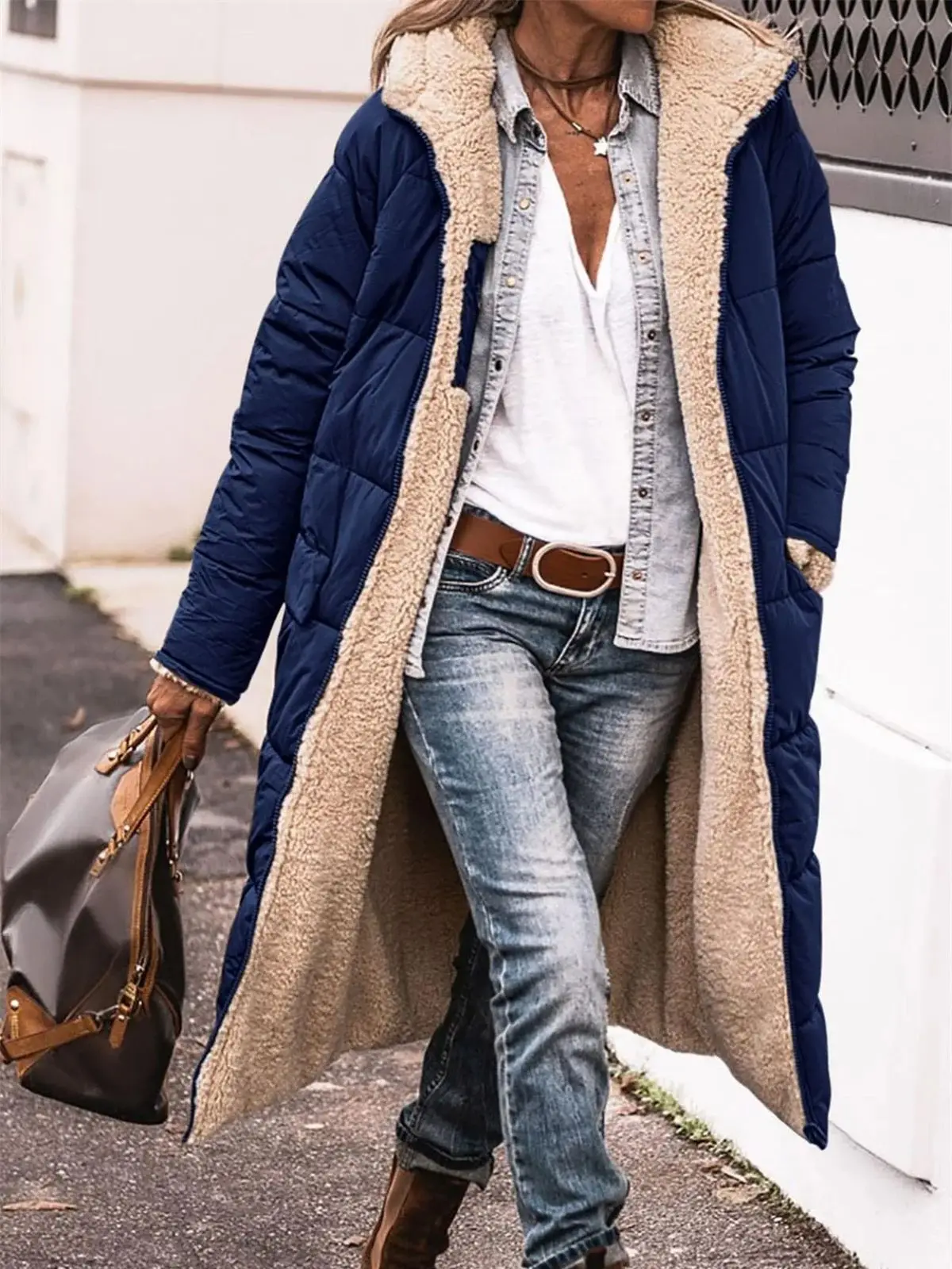Chaqueta acolchada con capucha de invierno para mujer, abrigo grueso de manga larga Reversible liso, ropa de abrigo larga cálida a la moda, abrigos acolchados informales