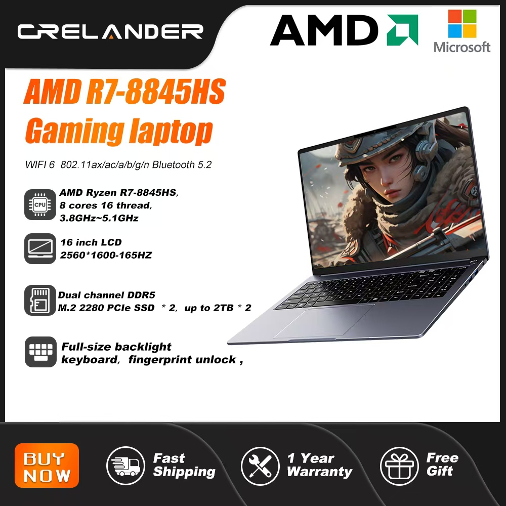 CRELANDER  Computadora portátil Procesador AMD Ryzen 8845HS8 núcleos 16 hilos Pantalla LCD de 16 pulgadas 2560*1600-165HZ DDR5 Computadora portátil para juegos