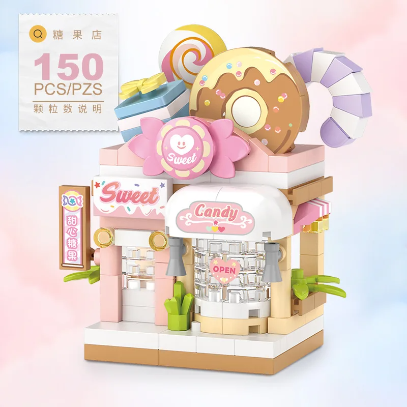 Restaurant Dessert Coffee Pet Fruit Store Street View Food House Building Blocks Kit Girls Bricks Model Kids Toy Boy Child Gifts