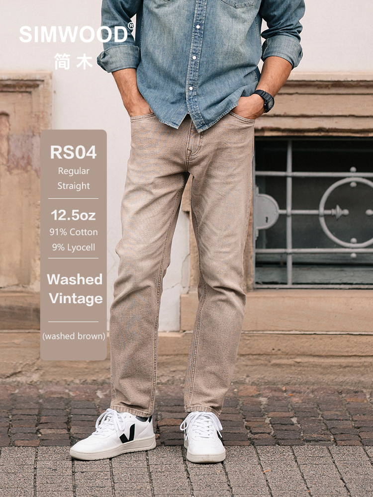 Simwood 2025 primavera novo regular reto 12.5oz lavado vintage frisado lona jeans plus size roupas de marca