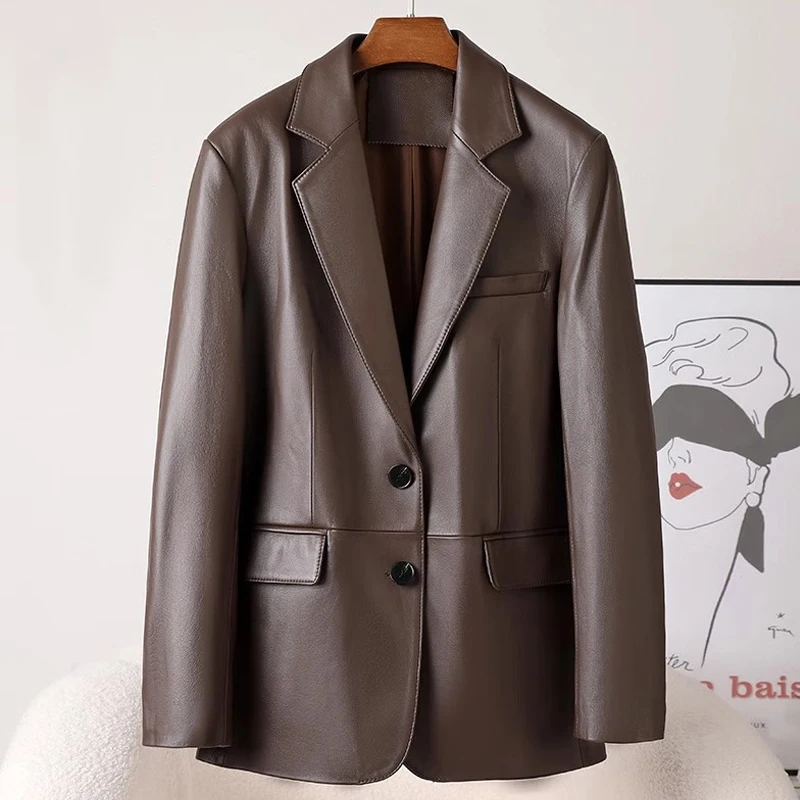 Chaqueta de cuero genuino para mujer, abrigos holgados de longitud media con una sola botonadura, chaquetas de piel de oveja de primera capa de café Vintage para mujer