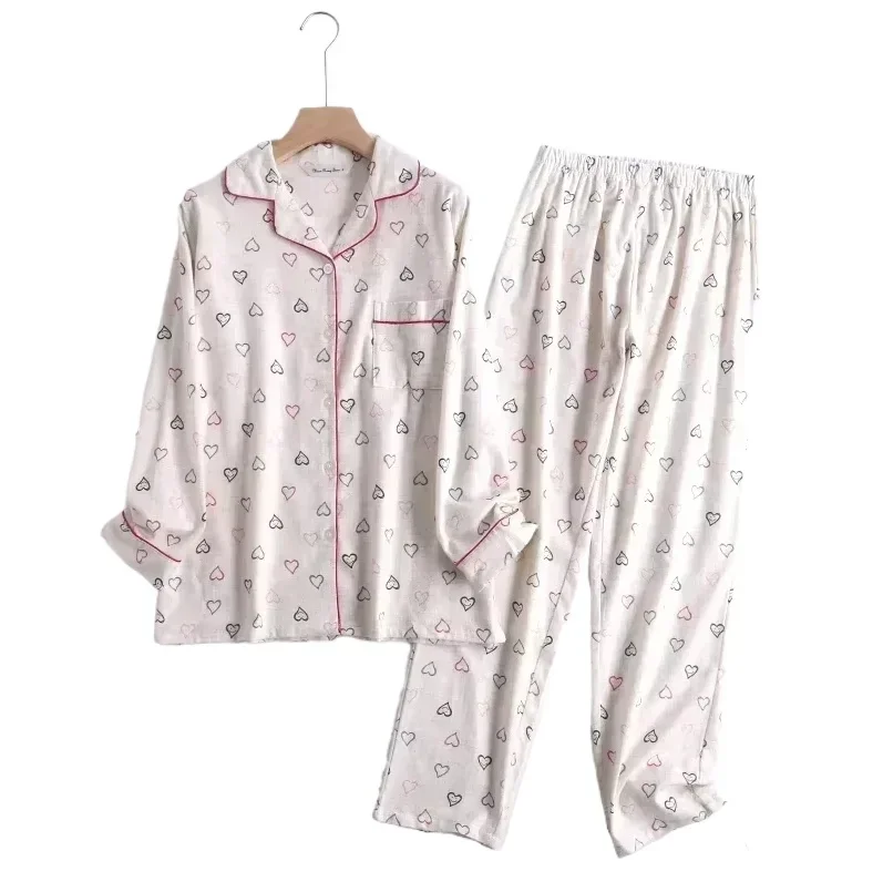 Cotton Flannel Quần Bộ Đồ Ngủ Bộ Đồ Mặc Nhà In Đơn Giản Rời Mùa Thu Đông Tay Dài Quần Pyjamas Nữ Bộ