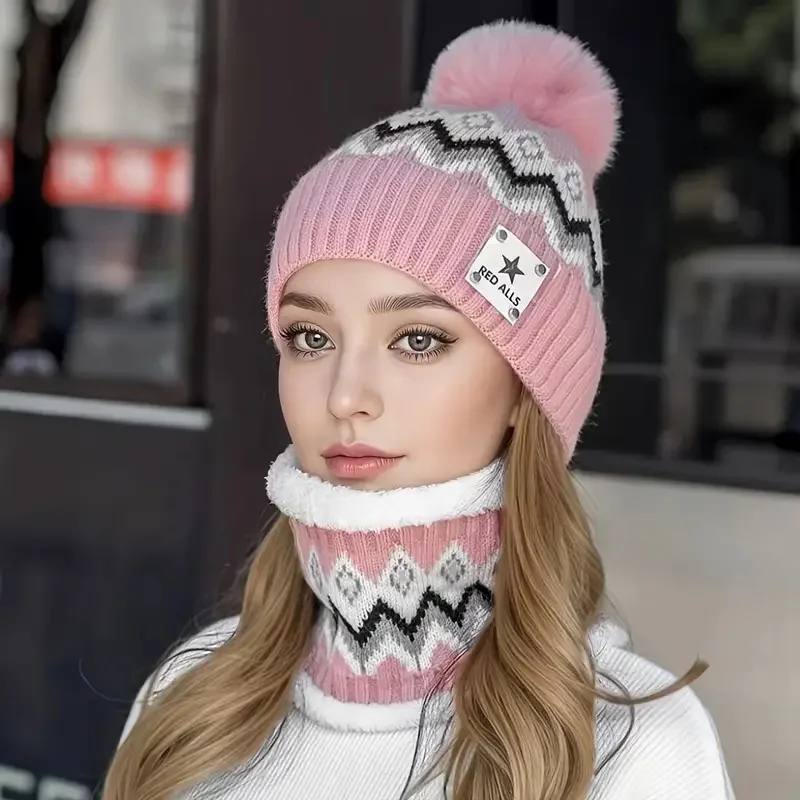 Set da 2 pezzi scaldacollo e cappello foderato in pile combinato per ciclismo all'aperto autunno/inverno, berretto spesso lavorato a maglia