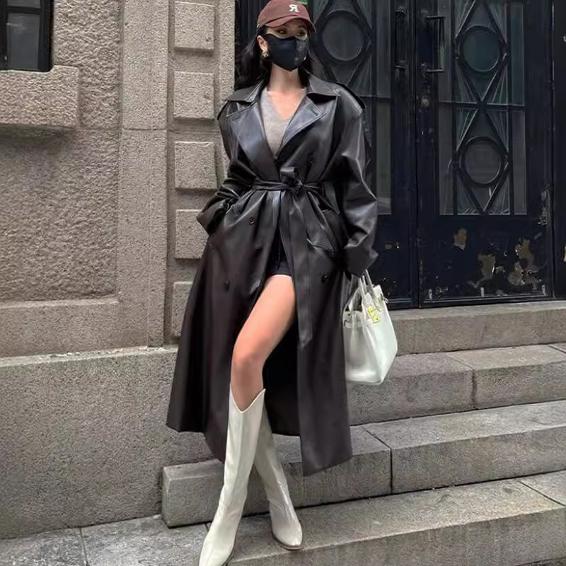 Schwarz Braun Retro Mittlere Und Lange Knie Pu Leder Jacke High-end-frauen Frühling Und Herbst Neue lose Leder Trenchcoat