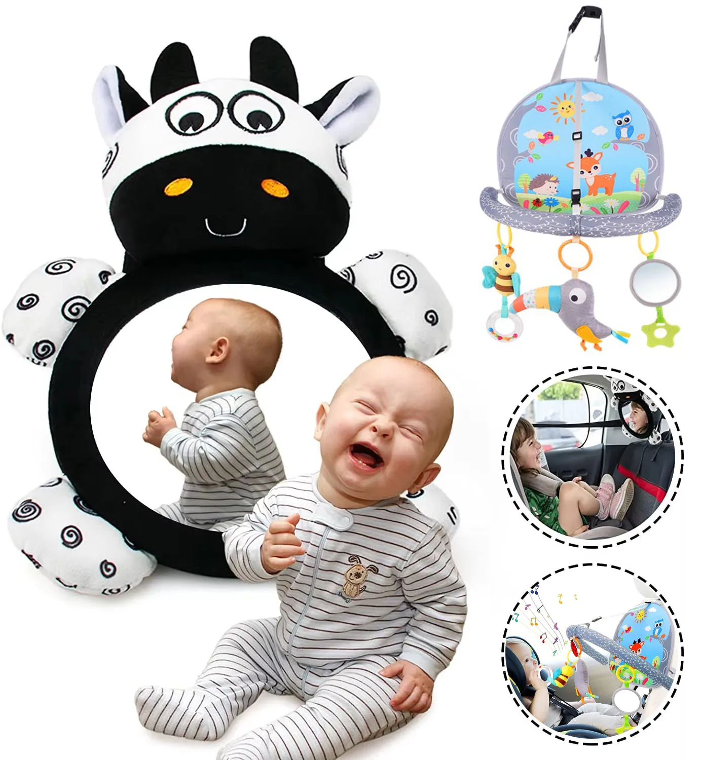 Juguetes de asiento de coche para bebé de 0 a más meses espejo trasero colgante sonajero suave sensorial chirriante Centro de Actividades para jugar a patada
