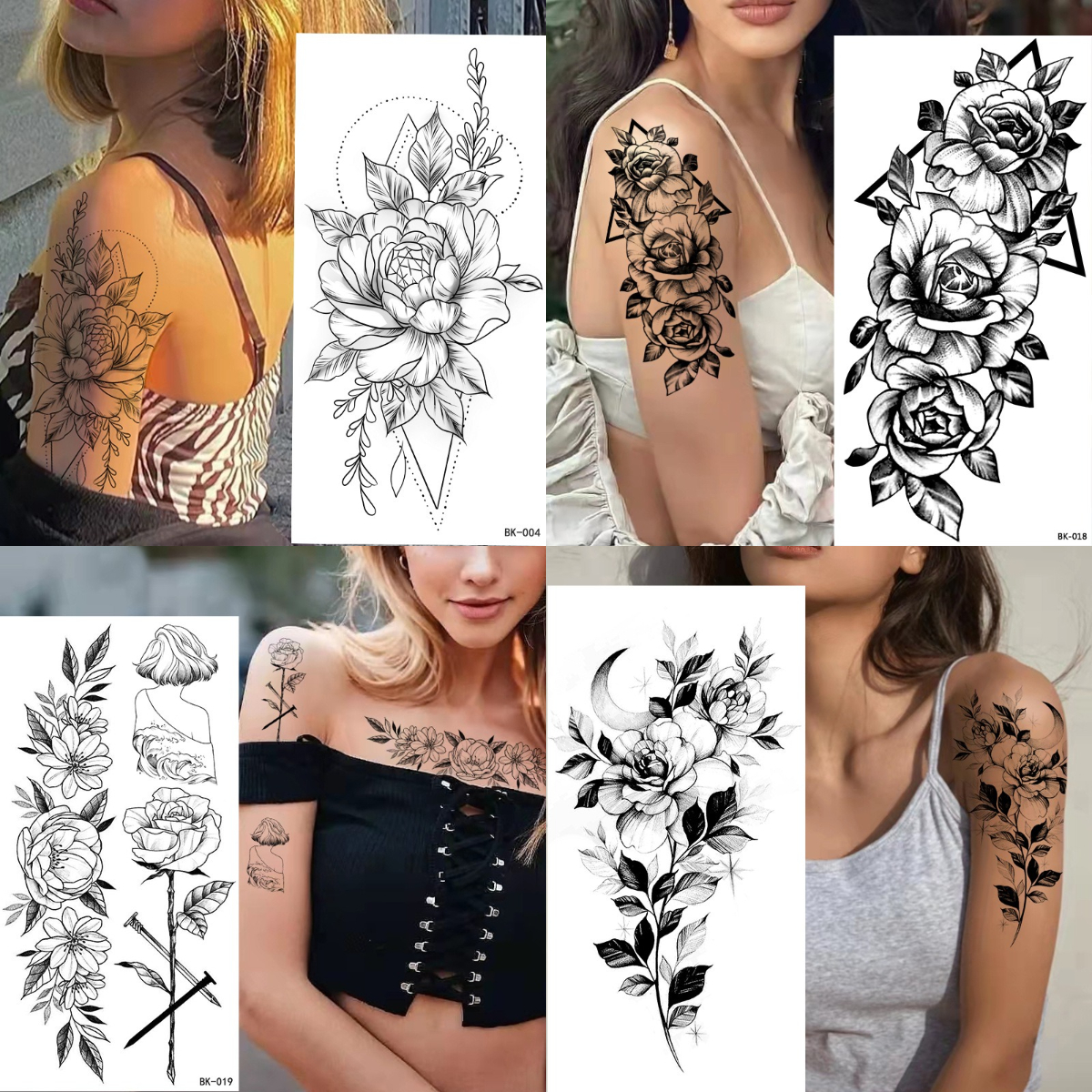 Tatuagem temporária à prova dwaterproof água adesivo flores rosas lírios peônias padrões geométricos arte corporal braço tatuagens falsas manga mulheres homens