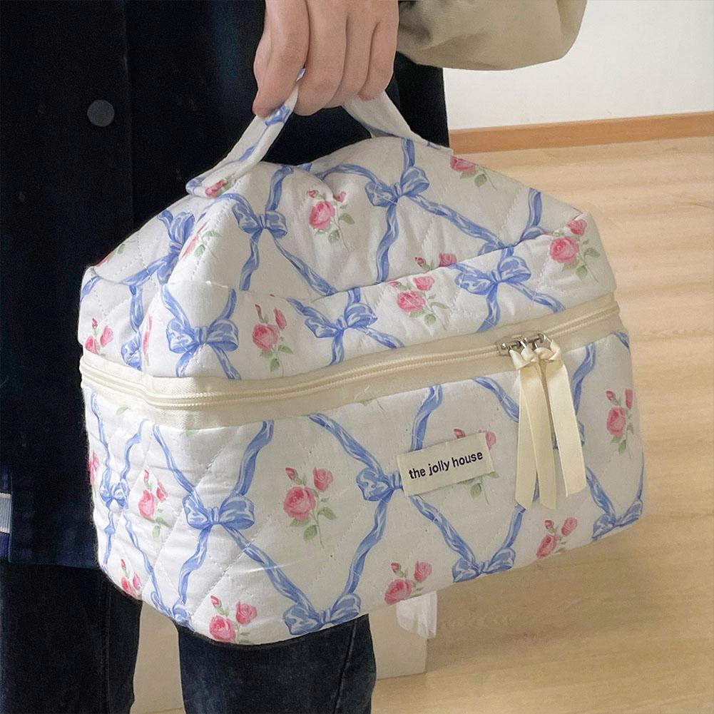 Bonito arco flor acolchoado algodão saco de maquiagem feminino zíper organizador cosmético feminino pano bolsa portátil caso de higiene pessoal para meninas