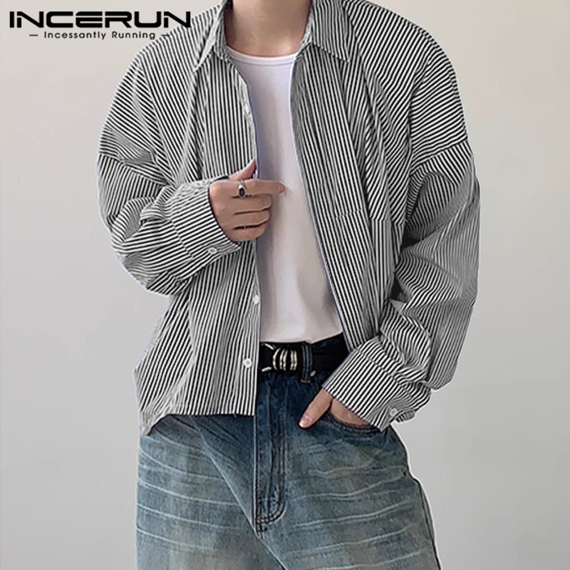 Incerun camisa listrada masculina lapela manga longa solta estilo coreano roupas masculinas streetwear 2024 moda casual camisas masculinas S-5XL