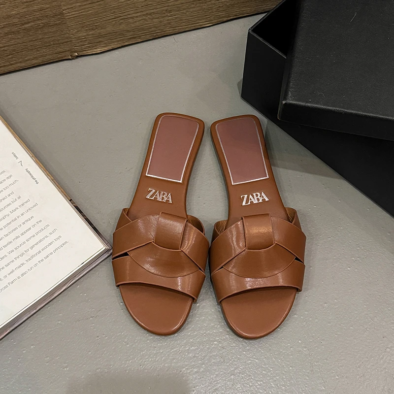 2025, novedad de verano, zapatillas planas con punta abierta de marca de diseñador para mujer, zapatos cómodos tejidos para mujer, zapatillas informales, zapatos de mujer