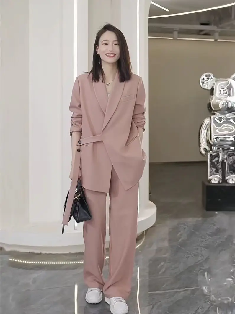 Frühling Herbst Frau Plus Größe Retro Casual Kurze Spitze-up Anzug Jacke Breite bein Hosen Pendler Einfarbig lose Zwei-stück Set