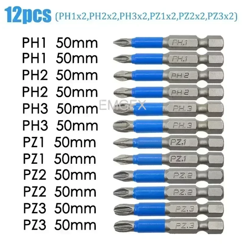 Juego de puntas de destornillador antideslizantes PZ1/PZ2/PZ3, 12 Uds., para taladro magnético S2, destornillador de aleación de acero, impacto eléctrico 50/25mm PH1/PH2/PH3