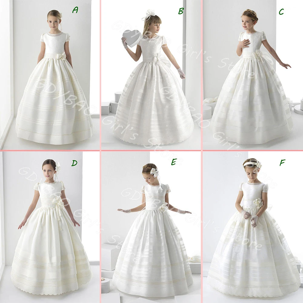 Weiße Blumenmädchenkleider mit Schleife 2025, Erstkommunionkleid für Kinder, Flügelärmel, Tüll, Prinzessin, Festzugskleider, nach Maß