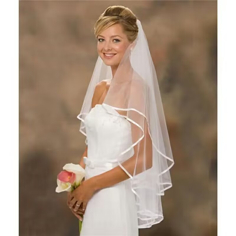 White  Ivory Wedding Veil 2 Tiers Ribbon Edge Center Cascade Bridal Veil with Comb for Bachelorette Party