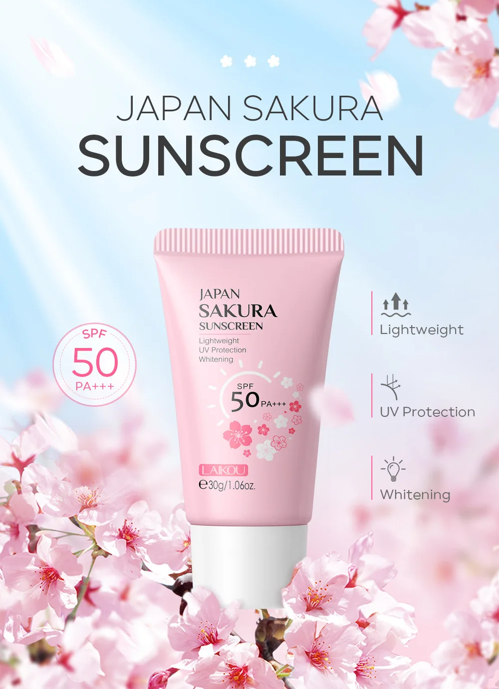 LAIKOU Sakura Crema solare viso corpo SPF50 + Rinfrescante Protezione UV impermeabile Correttore Idratante Schiarente 30g