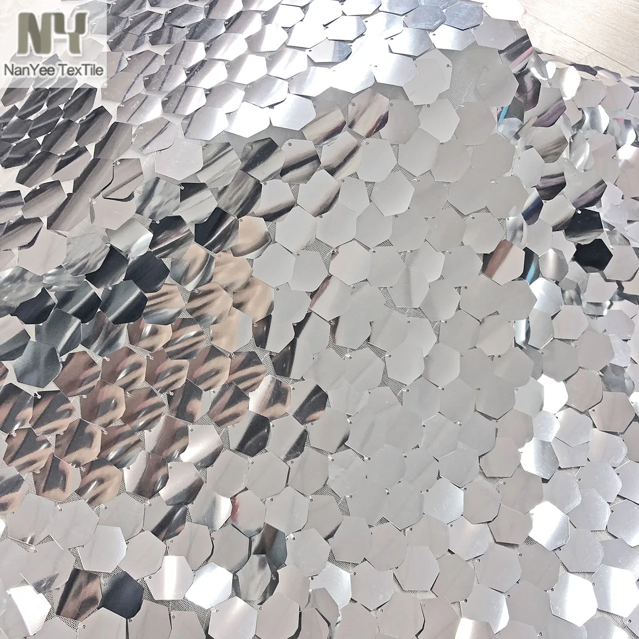 New Arrival Big Large Reflective Silver Gold Hexagon Shape Speical Embroidery Sequin Netting Fabrics Paillette On Polyester Mesh