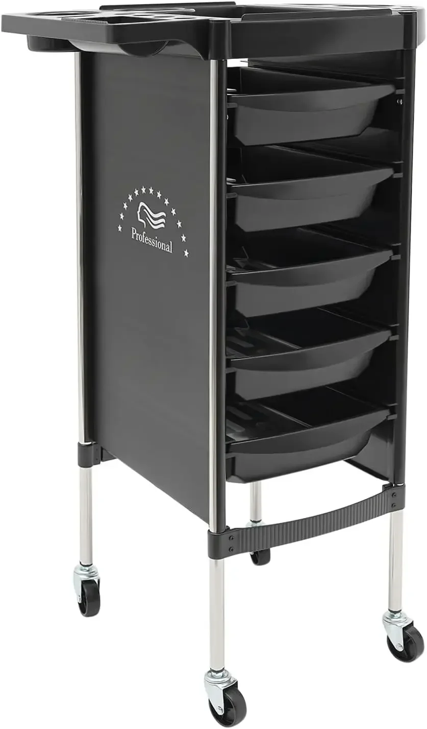 Carrinho de Salão W | 6 níveis, carrinho de cabeleireiro, carrinho de salão W | 5 gavetas extensíveis, carrinho de salão com rodas (preto)