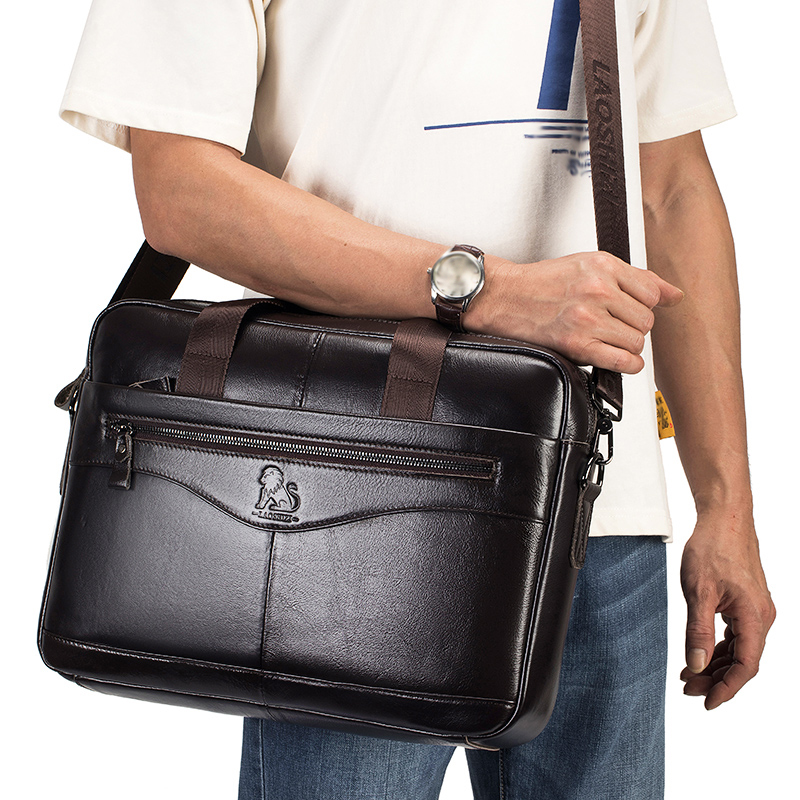 Cowhide computer bag, 14 inch large capacity genuine leather men's briefcase, retro top layer cowhide file bag