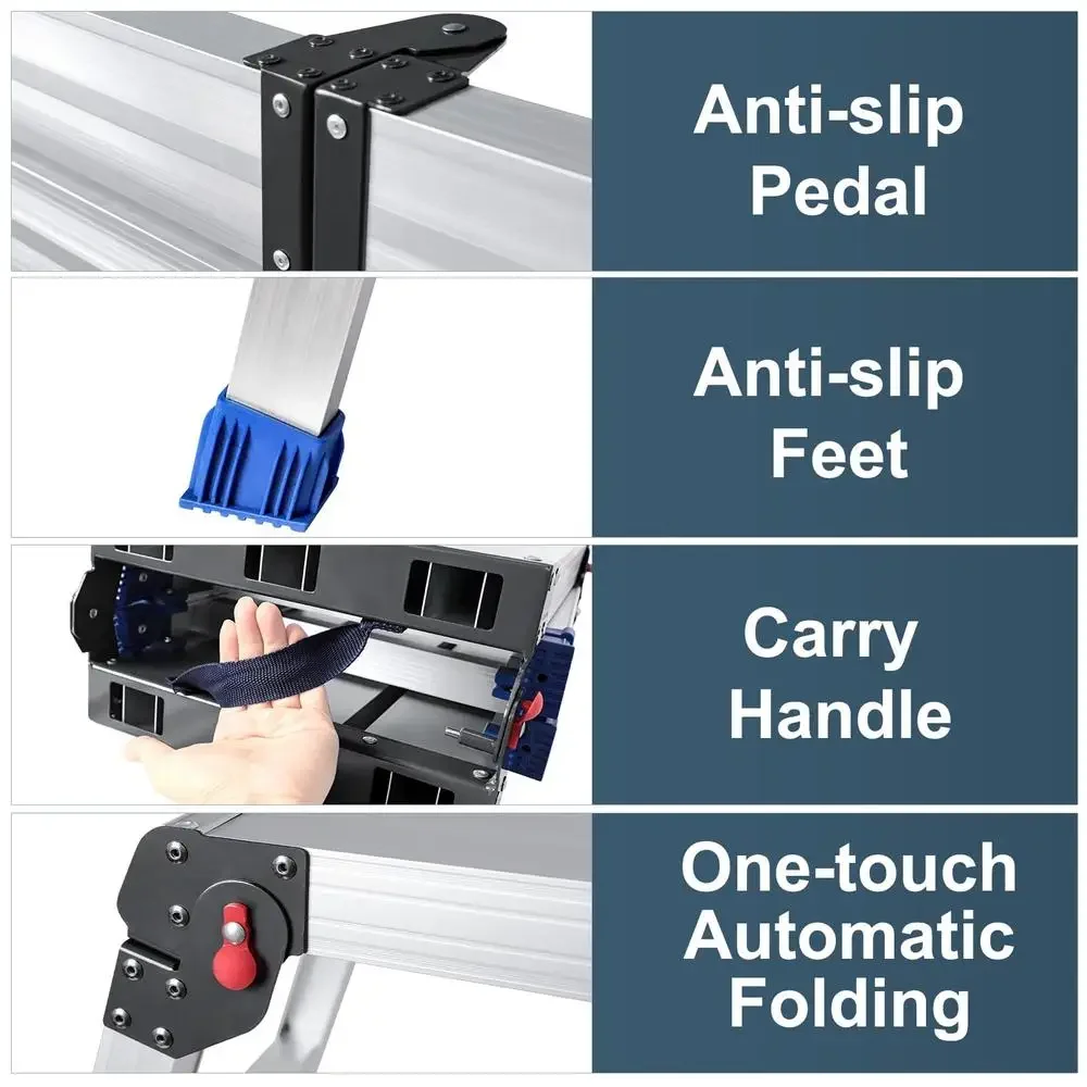 Adjustable Aluminum Folding Work Platform 330 lb Capacity Non-Slip Step Stool Easy Install Height-Adjustable Carry Handle