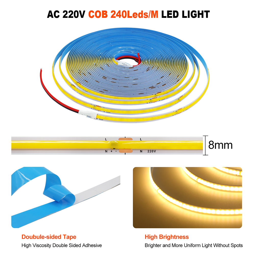 220V 5 メートル 10 メートル 15 メートル 20 メートル 50 メートル COB LED ストリップライト超高輝度 240LED/m フレックステープリニア照明 RA90 8 ミリメートル PCB ウォームナチュラルホワイト