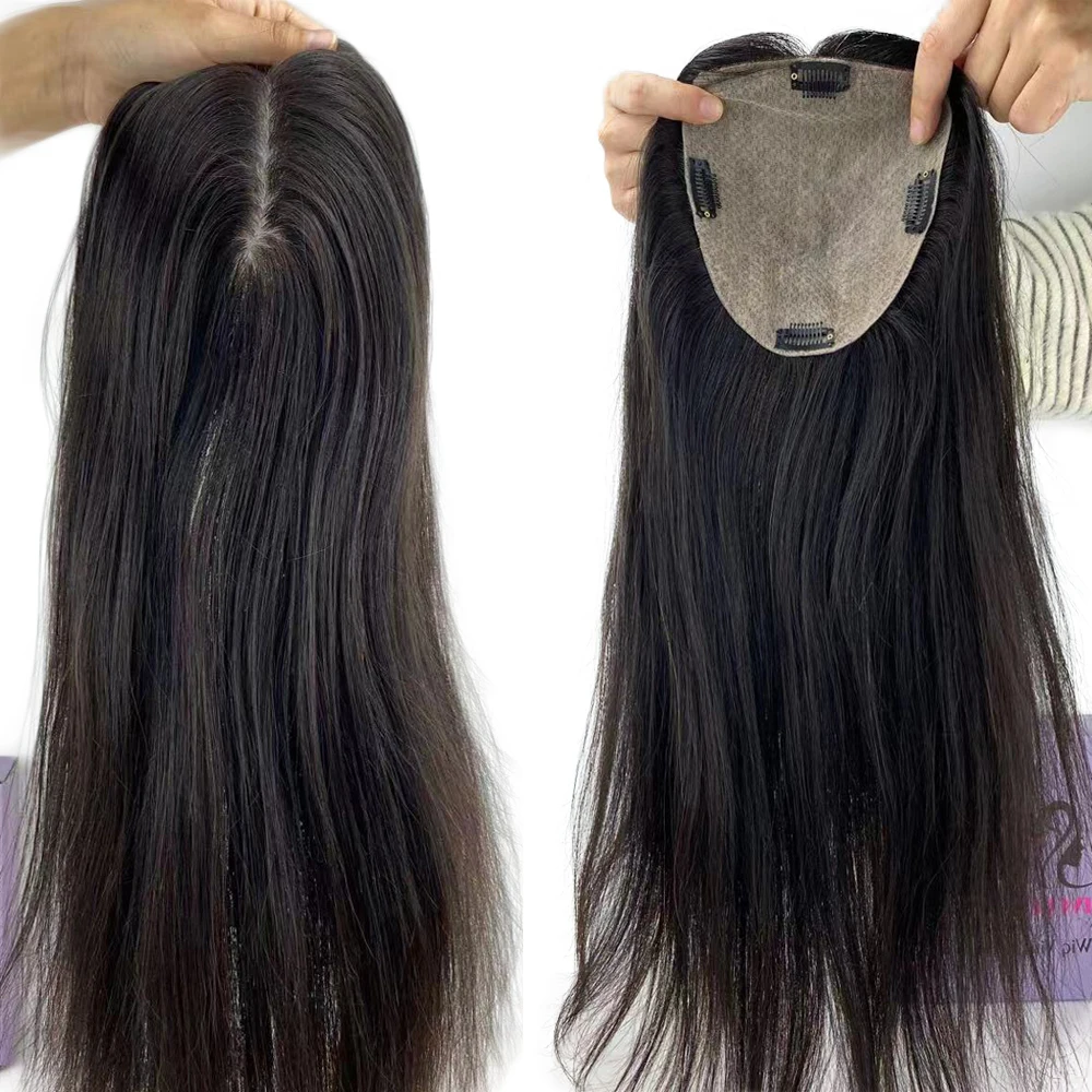Base do couro cabeludo peruca virgem asiático cabelo humano feminino topper sobreposição de pele clipe fino em peruca em linha reta ondulado preto marrom