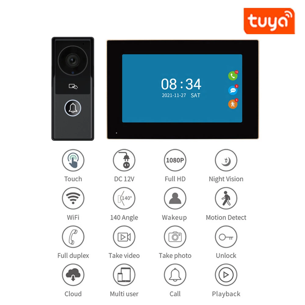 Tuya aplicativo inteligente vídeo porteiro wi fi ir telefone da porta de vídeo anel sem fio 1080p h.264 wi fi campainha interfone villa