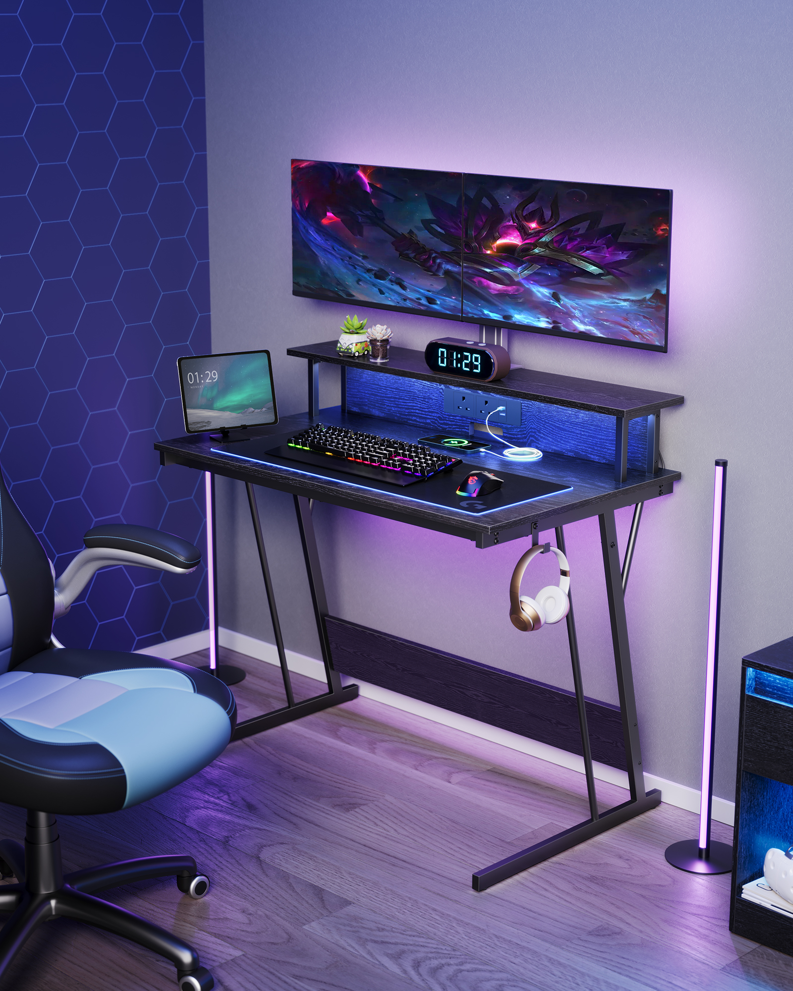 VASAGLE Gaming Desk with LED Lights and Built-In Power Outlets, Computer Desk with Monitor Shelf, Gaming Table