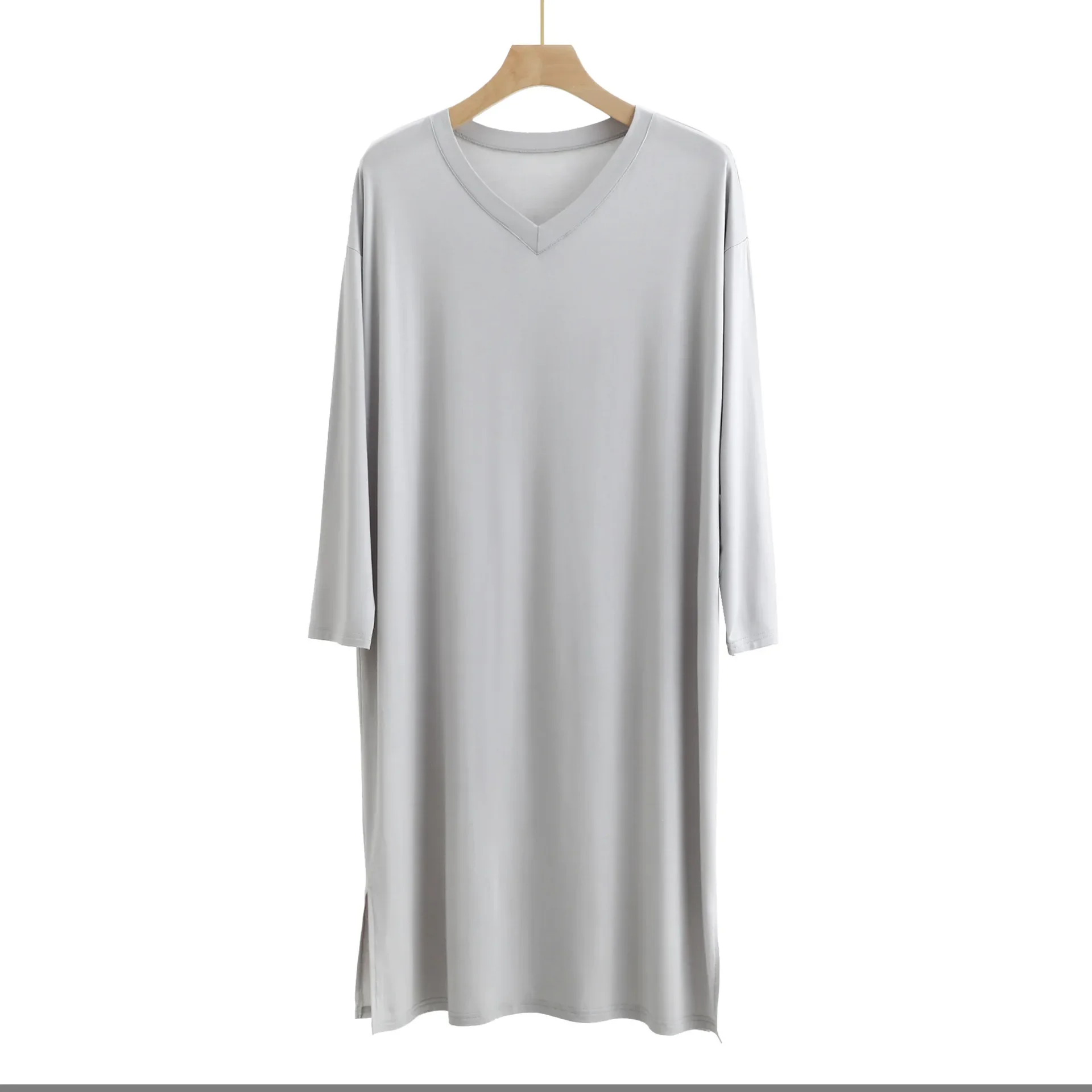 Pijamas masculinos modais vestidos de dormir estilo longo acima do joelho com decote em v mangas compridas roupão de banho masculino vestido de pijama
