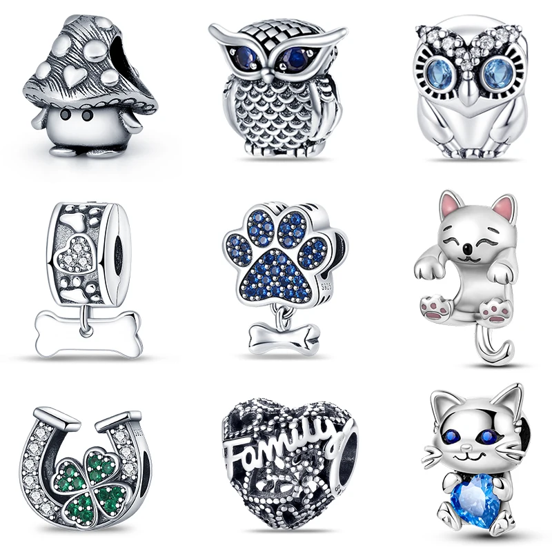 925 เงินสีเห็ดนกฮูกแมวกระดูกสัตว์ Charms ลูกปัด Fit Pandach 925 สร้อยข้อมือเดิม DIY เครื่องประดับวันเกิดของขวัญ