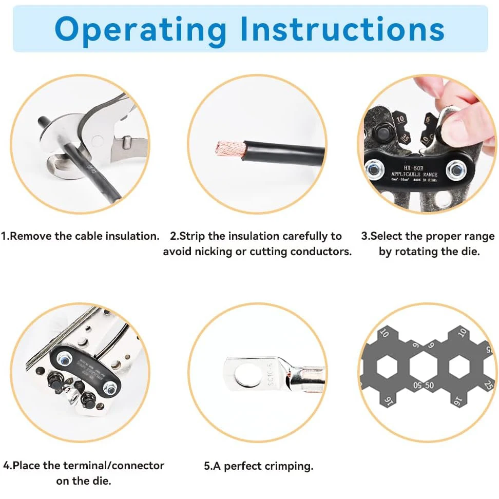 Battery Cable Lug Crimping Tool 10-1 AWG with Cutter, 60Pcs Copper Ring Terminals Heavy Duty Wire Crimper Set for Battery Cables