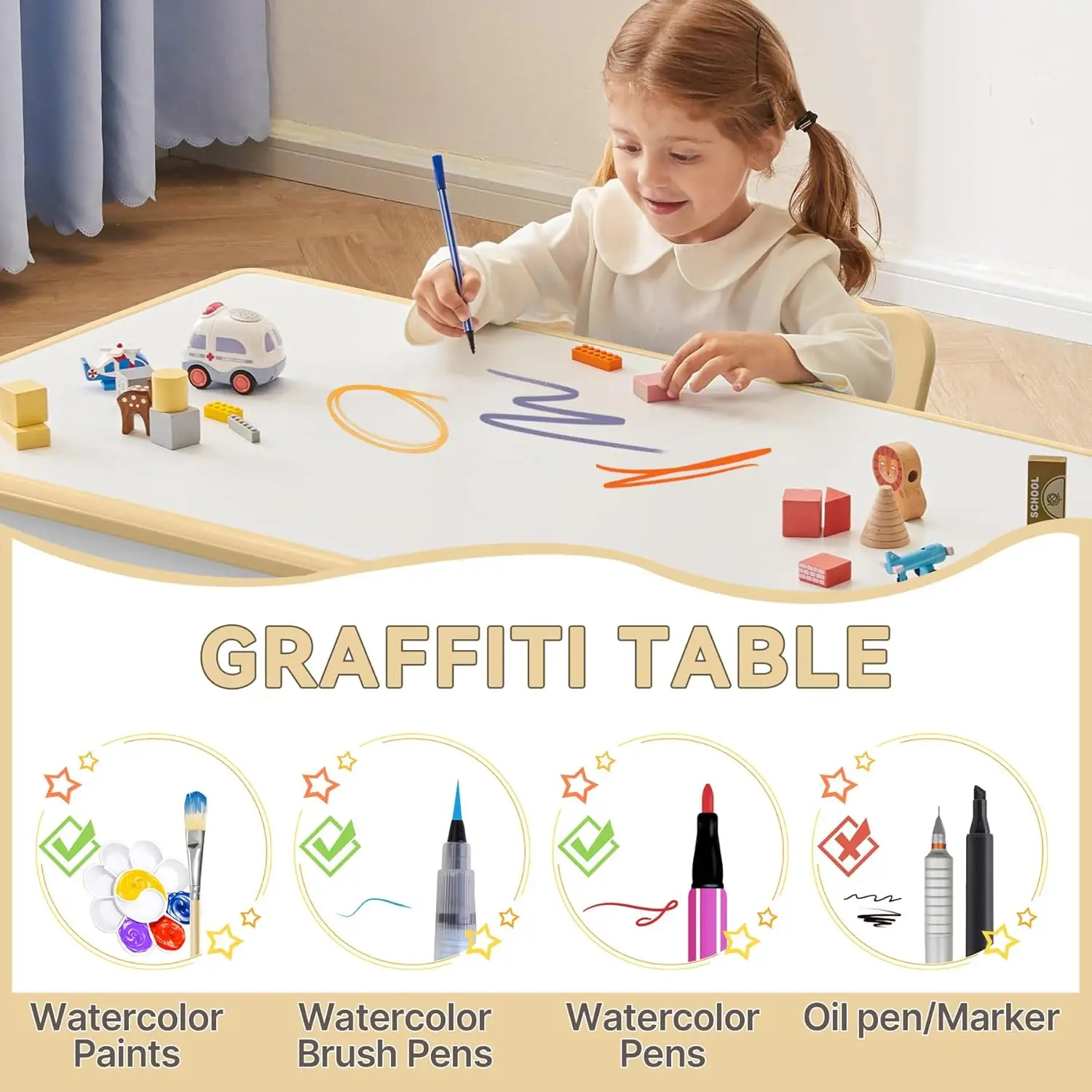 Study Table and Chairs Set, Height Adjustable Toddler Table and Chair Set for Kids Ages 3-8, Graffiti Desktop (Light Brown)