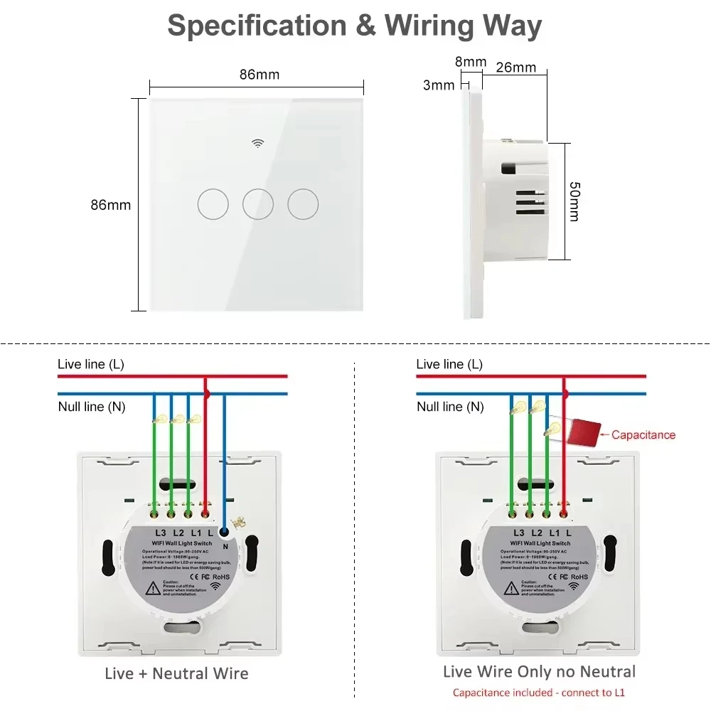 220V senza neutro EU 1/2/3/4 Gang EU WiFi RF 433mhz Smart Wireless Touch Lampada da parete con pulsante interruttore Tuya Alexa Google