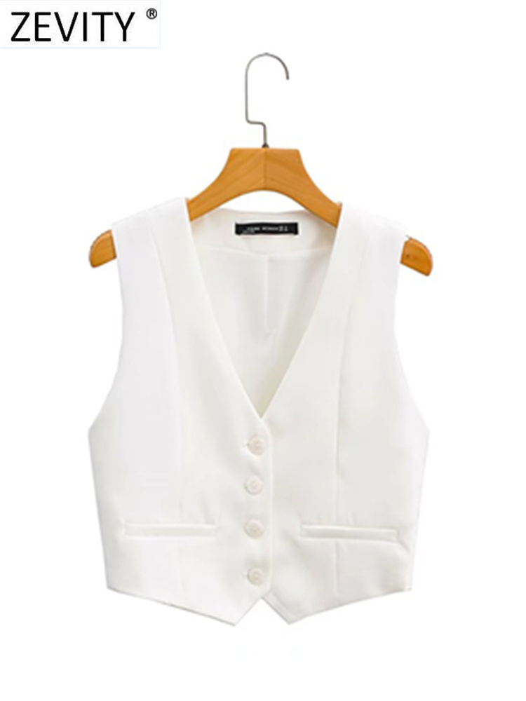 Zevity Women Fashion V Neck Single Breasted Short Vest Office Lady Sleeveless Chic White Suit Business Slim Waistcoat Tops CT556