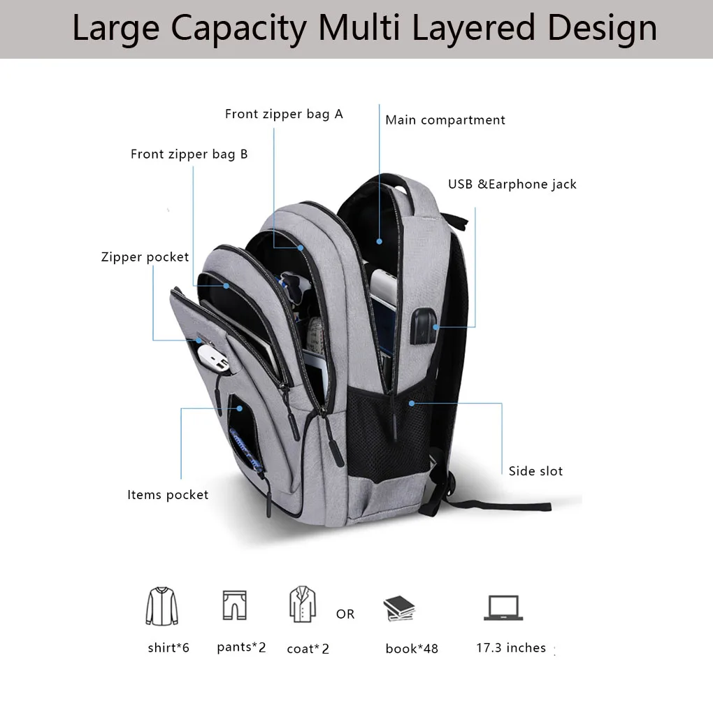 Mochila para hombre con carga USB, gran capacidad, multicapa, dividida, moda de ocio, viajes al aire libre, deportes, bolsas escolares de negocios