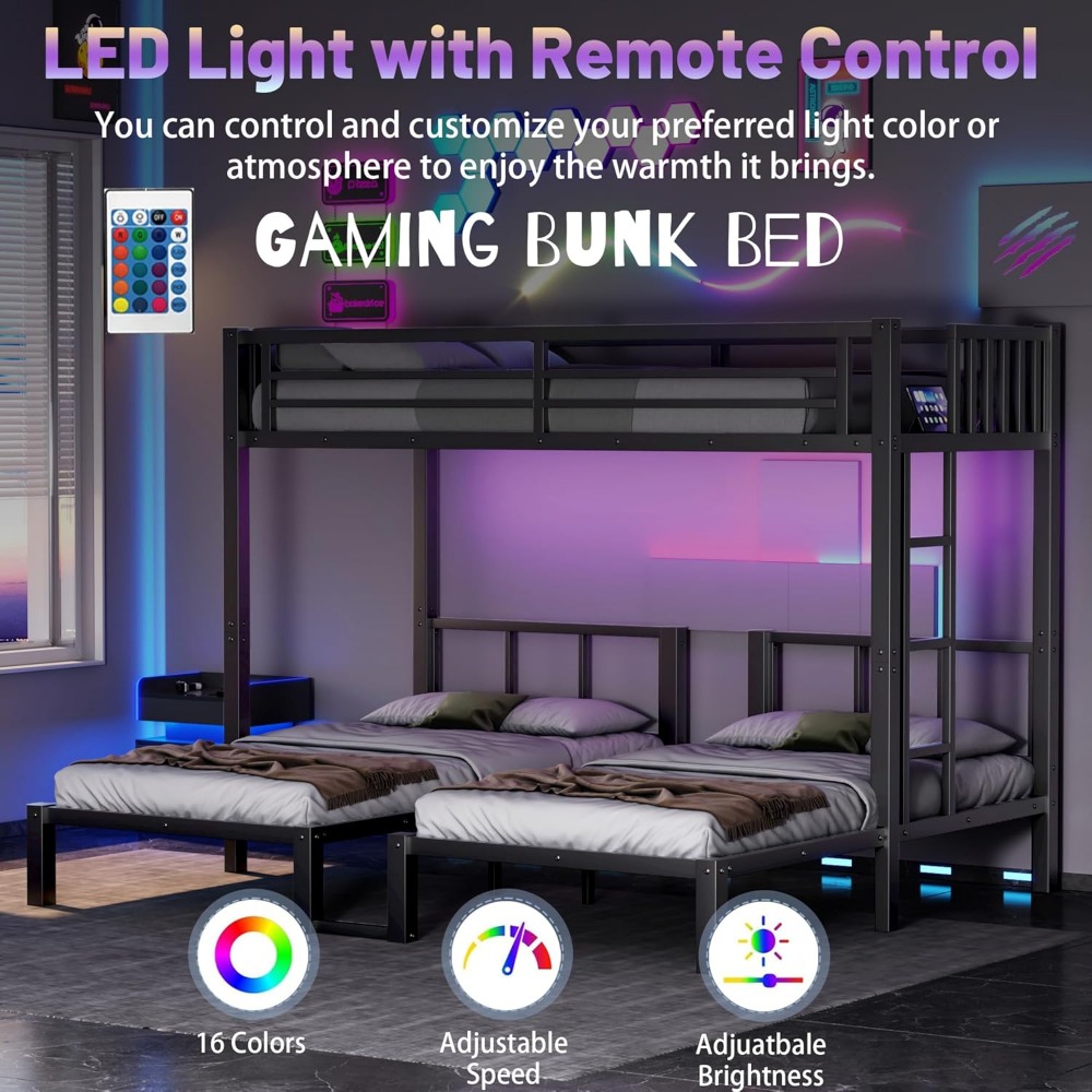 Triple Bunk Bed with LED Light ,Metal Heavy Duty 3 Bunk Beds with Charge Station & Storage Shelf, Convertible Three Bunks Beds