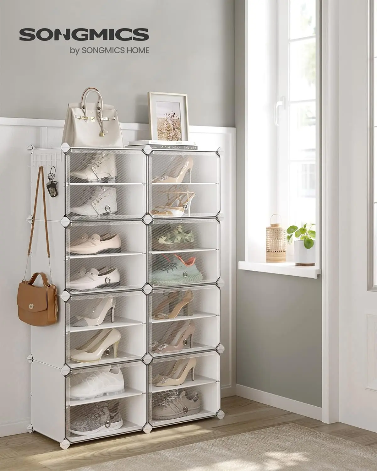 Livraison gratuite—SONGMICS Étagère à Chaussures 8 Compartiments, Étagère de Rangement Modulable, Compartiment de 30 x 40 x 30 cm, avec Porte, Cadre en Acier, Panneaux en Plastique, Blanc LPC034W01