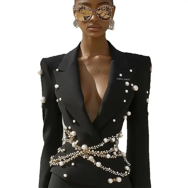 Costume 1 pièce avec perles pour femmes, Blazer en coton avec cristaux brillants, veste de bureau formelle, manteau de smoking personnalisé pour mariage
