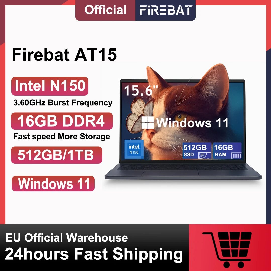 FIREBAT 15,6-calowy laptop AT15 Intel N150 16 GB DDR4 RAM 512 GB 1 TB SSD 1920*1080 Windows 11 Office Business Laptops Computer