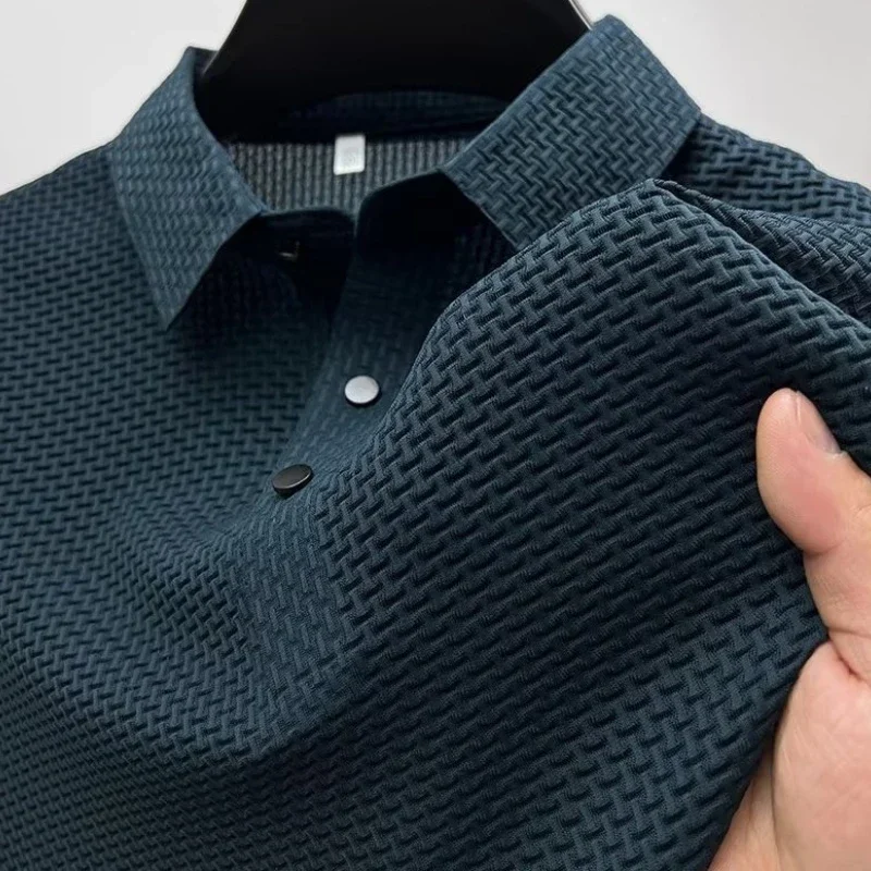 Ropa de marca, novedad de verano, camiseta de manga corta para hombre, POLO fresco y transpirable de seda helada, Top informal de negocios que absorbe el sudor