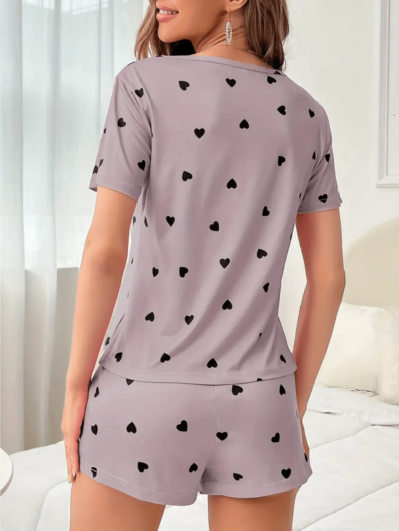 Ensemble de vêtements de nuit 2 pièces en tricot imprimé amour pour femmes, doux, à la mode, manches courtes et Shorts, pour un usage confortable pour la maison